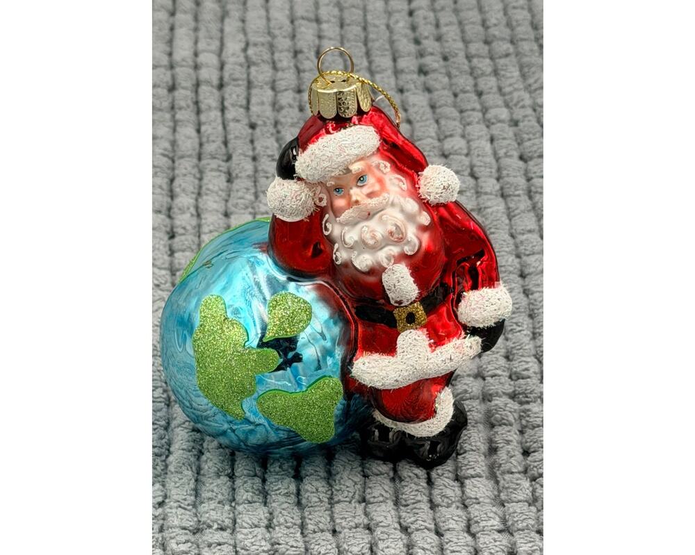 Vintage Blown Glass Santa Leaning on a World Globe Christmas Tree Ornament